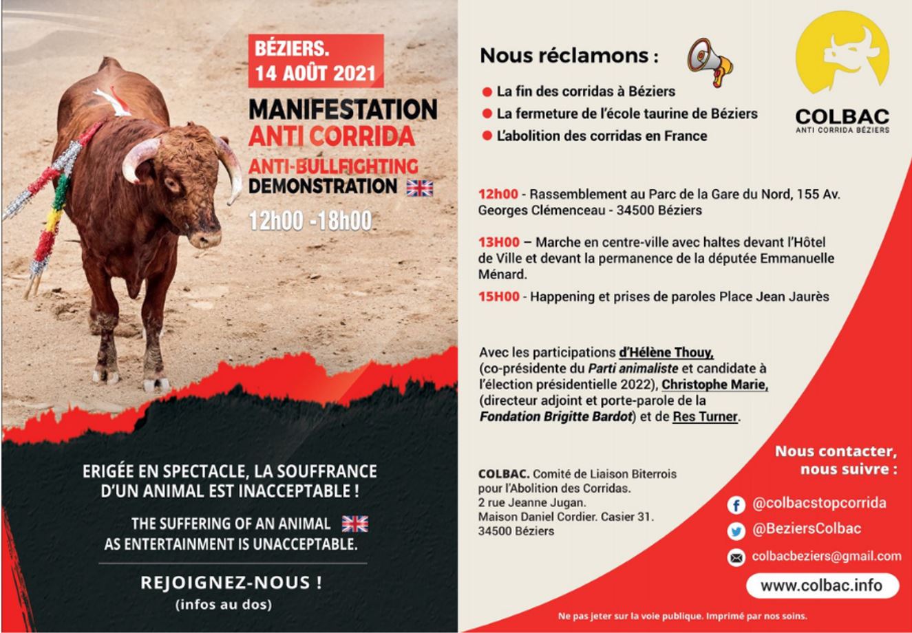 Béziers - Le Colbac manifeste contre les corridas organisées à Béziers le samedi 14 août
