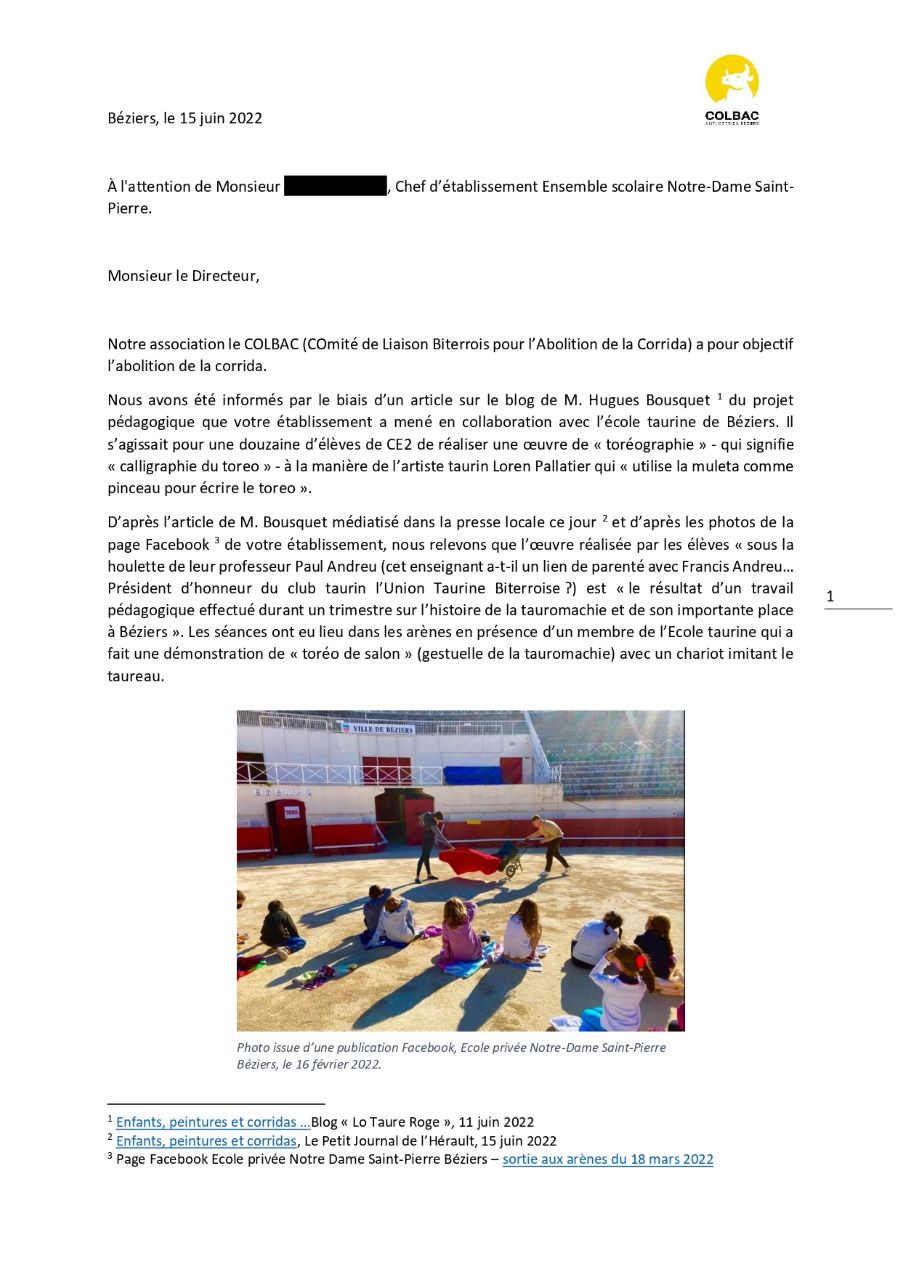 Béziers - Le Colbac dénonce le prosélytisme taurin en milieu scolaire