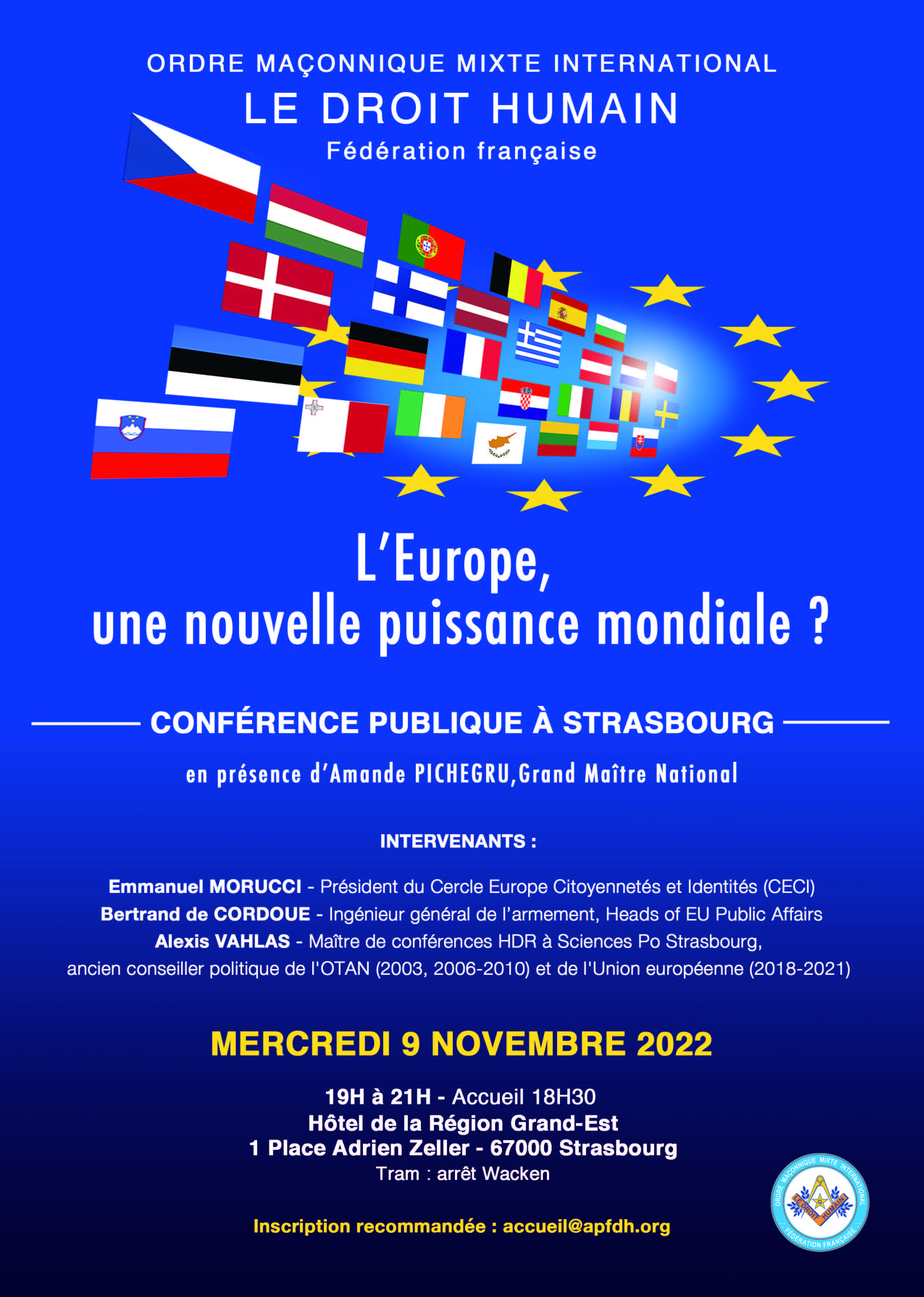 Europe - L'Europe, une nouvelle puissance mondiale ? Conférence  organisée à Strasbourg le 9 novembre par le DROIT HUMAIN