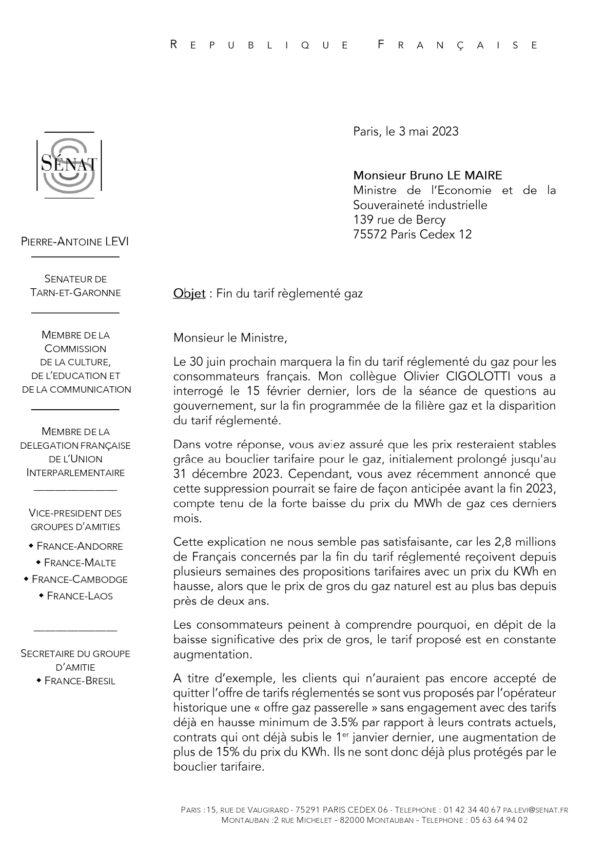 Tarn et garonne - 58 sénateurs demandent au ministre de l'Économie, Bruno Le Maire  de maintenir le tarif règlementé d