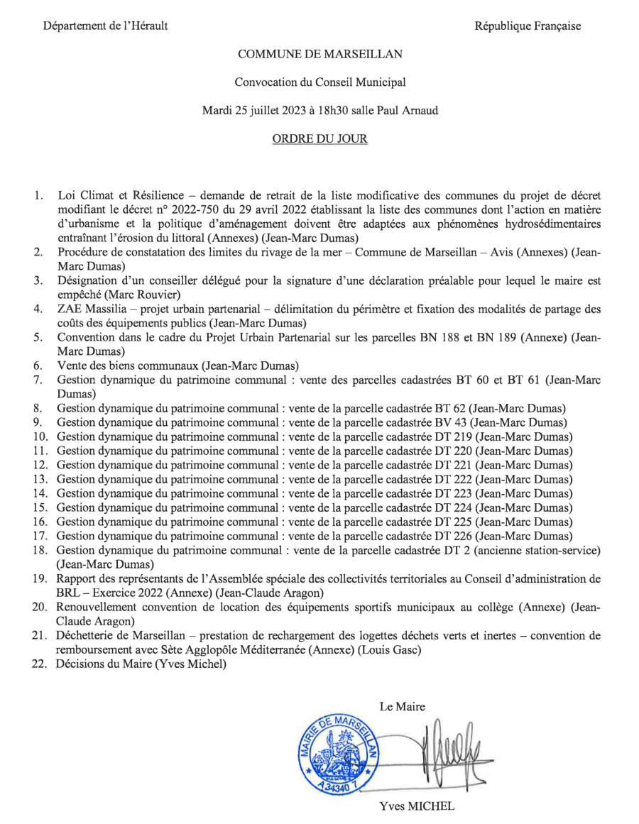 Marseillan - Conseil Municipal le 25 Juillet 2023 : L'ordre du jour