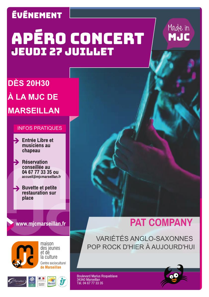 Marseillan - Apéros Concerts  avec Pat Company  le 27 juillet 2023 à partir de 19h30.