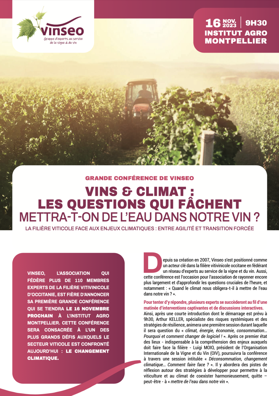 Montpellier - Grande Conférence de Vinseo Vins et Climat : Les questions qui fâchent le 16 novembre