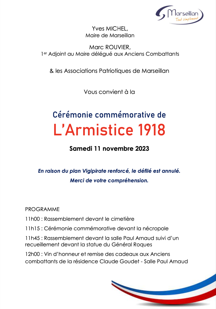 Marseillan - Commémoration de l'armistice du 11 novembre 1918 - Samedi 11 novembre