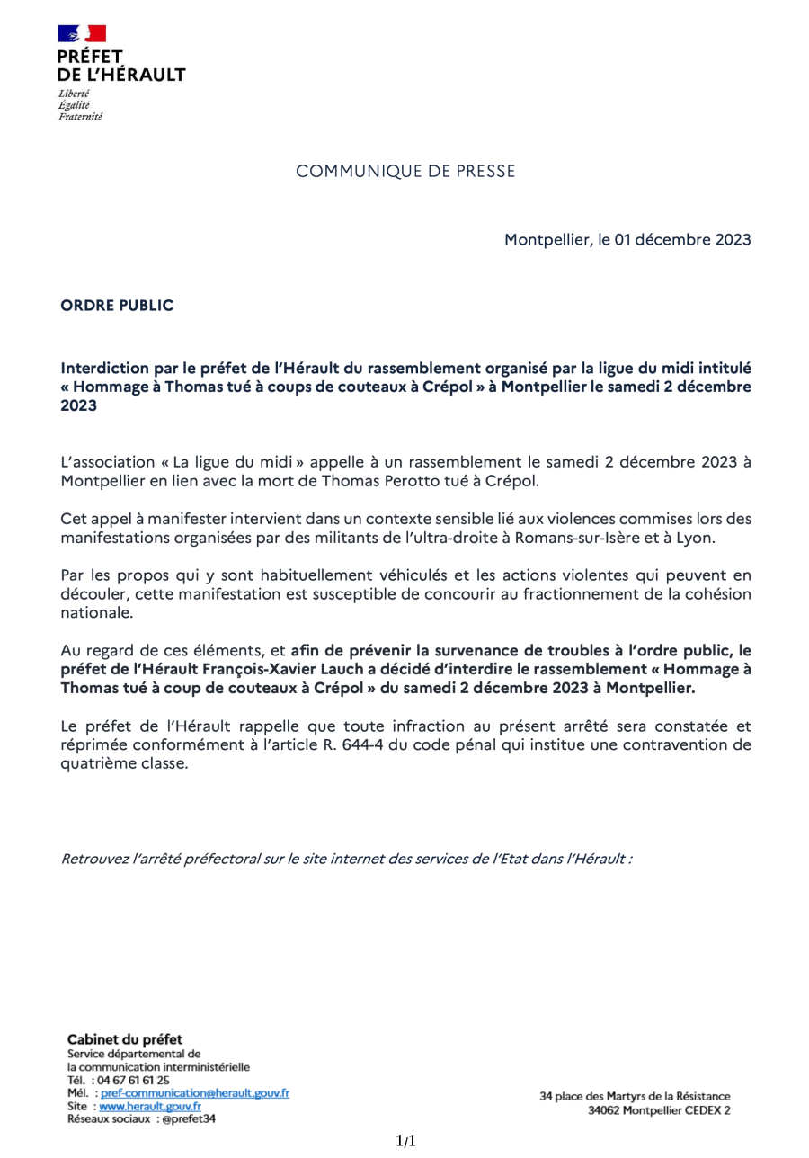 Hérault - Interdiction par le préfet de l'Hérault du rassemblement organisé par la ligue du midi intitulé « Hommage à Thomas tué à coups de couteaux à Crépol » à Montpellier le samedi 2 décembre 2023